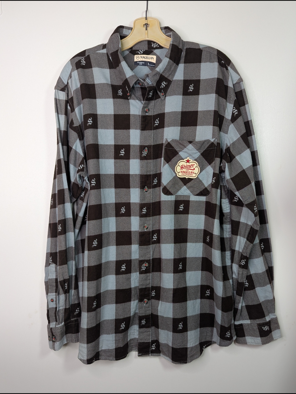 Shiner Beer Flannel Shirt Blue Black Magellan Long Sleeve Buffalo Buttons Pocket